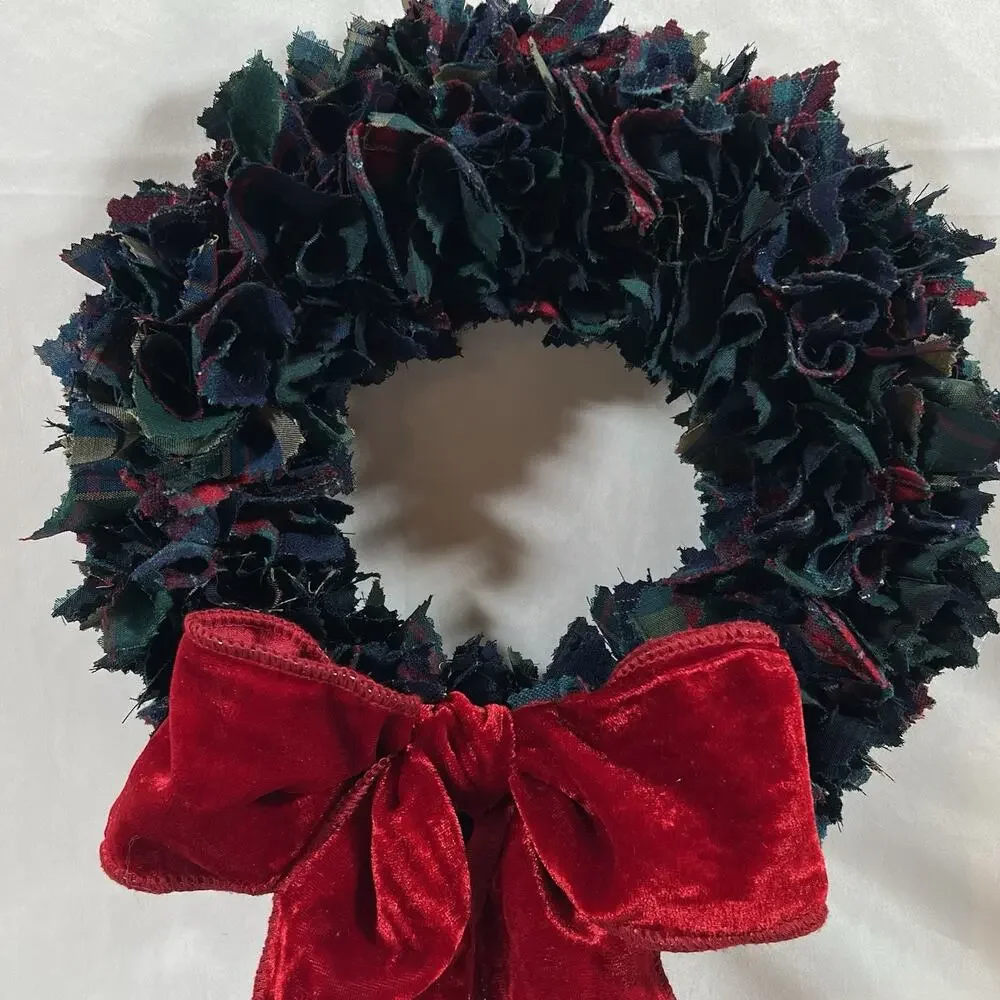 Handmade Pendleton Wool Shirt Wreath 12” Christmas Winter Plaid Red Velvet Bow